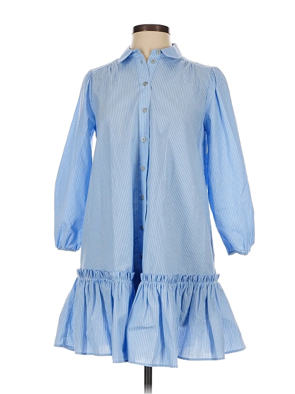 Anthropologie Light Blue Striped Ruffle-Hem Shirt Dress XXS Petite